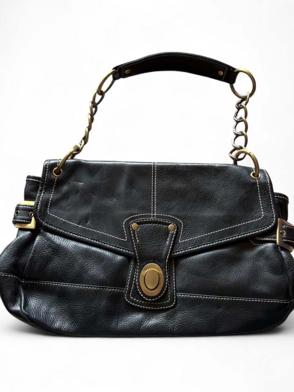 Soprano Black Leather Shoulder Bag with Gold Hardware